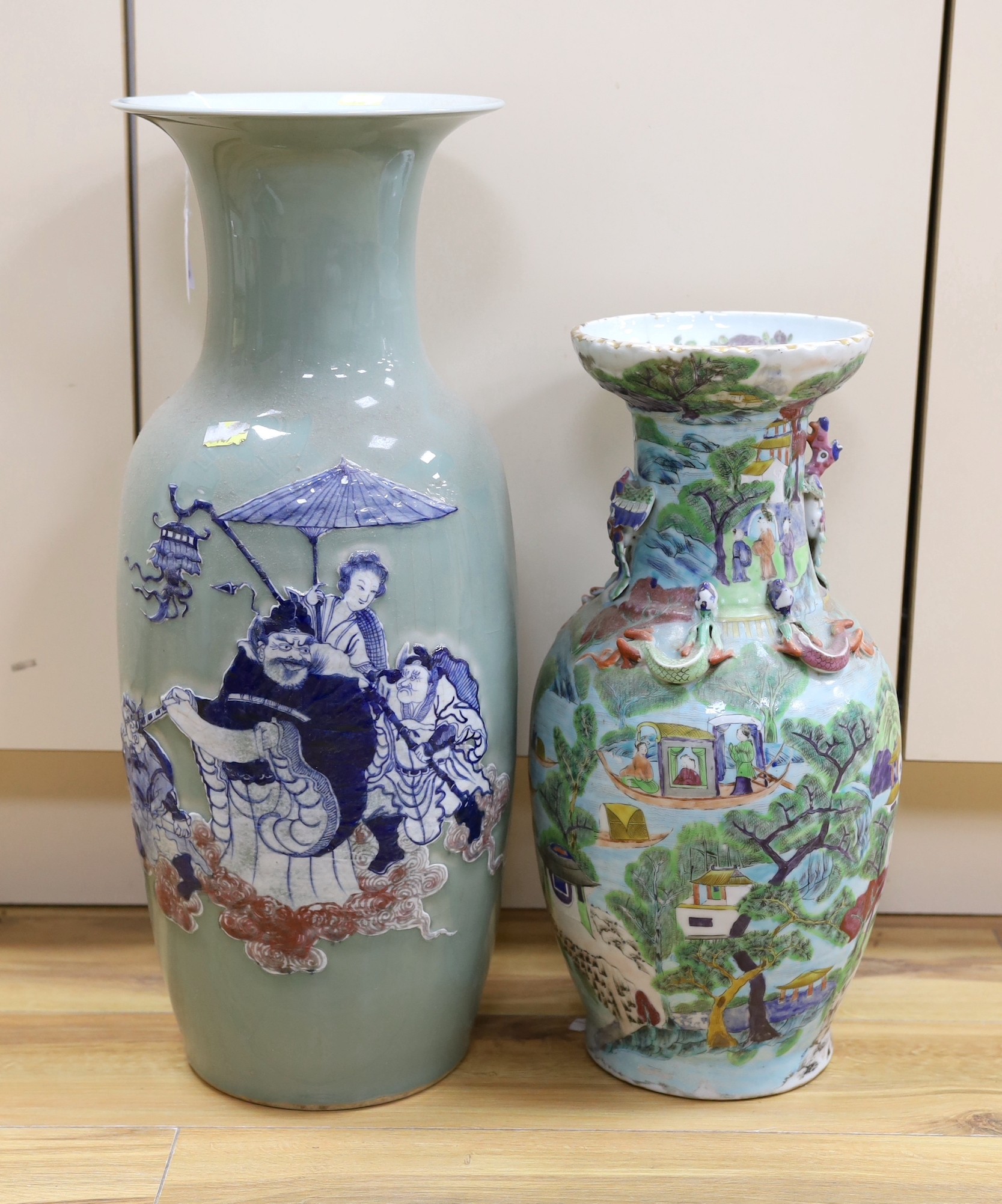 A Chinese enamelled porcelain vase and an underglaze and copper red large celadon glazed vase, tallest 57.5cms high (2)